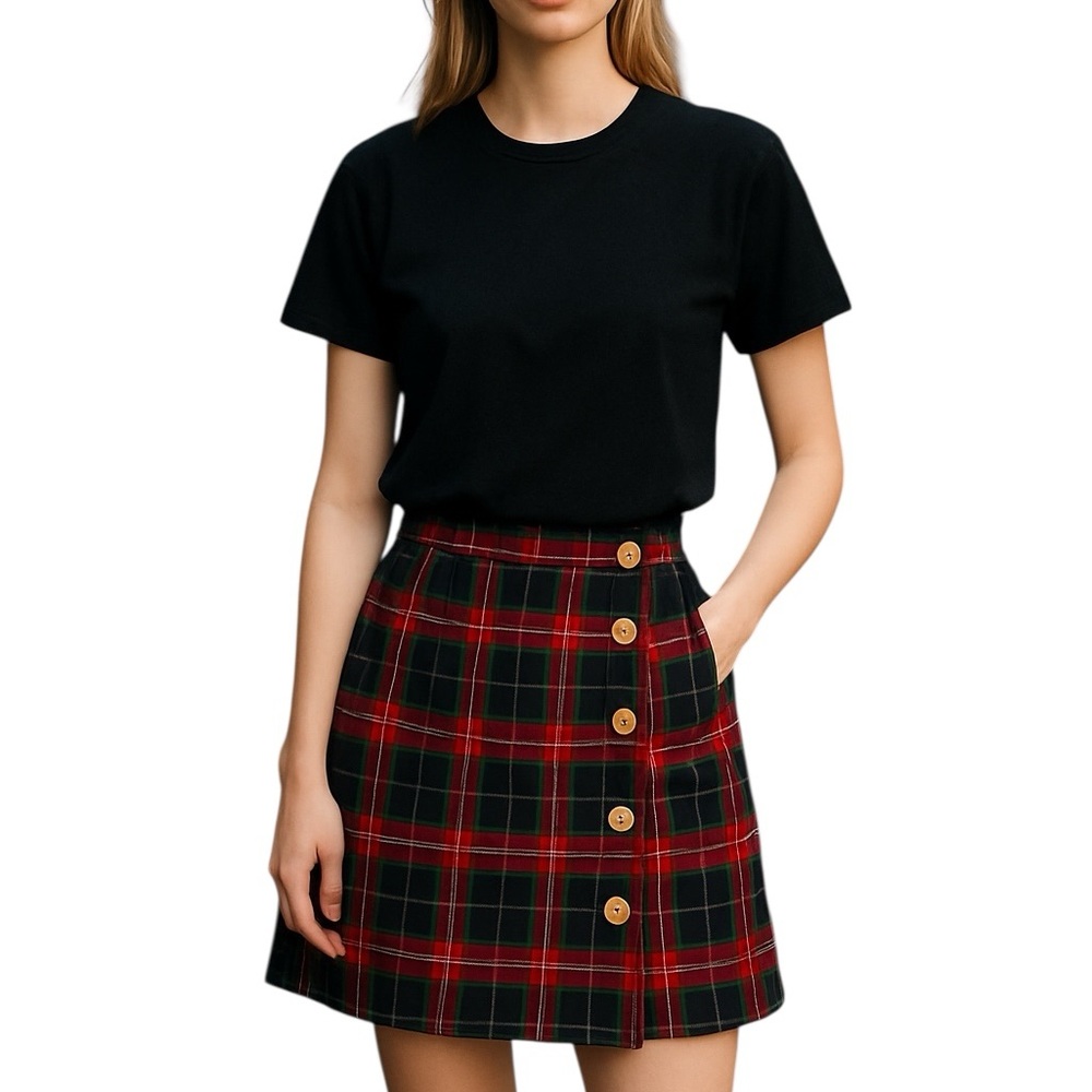 J. McLaughlin Black Red Plaid Wool A-Line Skirt